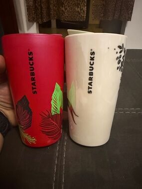 Starbucks Red and White Ceramic Mugs with Leaf Motif